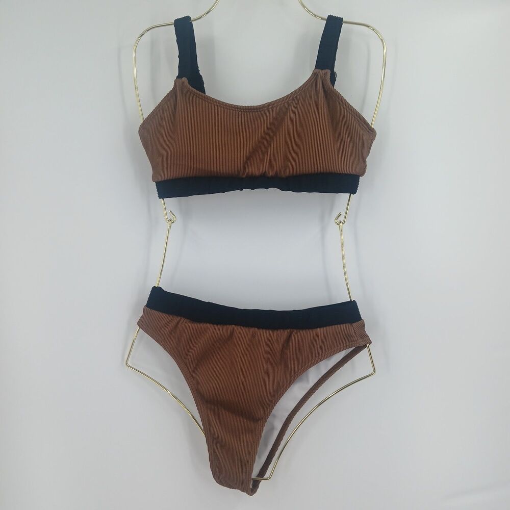 Shein Womens Size Large Brown Colorblock Cutout Two Piece Bikini Swimsuit